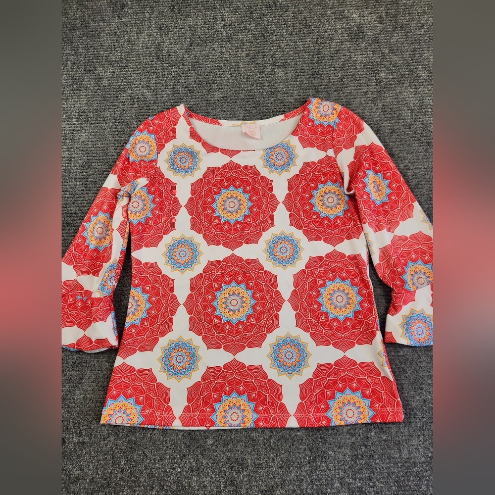 Michelle Parisou 3/4 Bell Sleeve Blouse Sz Medium Scuba Stretchy Geometric
